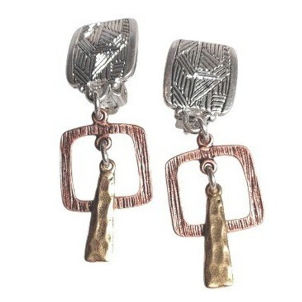 Mixed Metal Tri Tone Silver Copper Gold Textured Geometric Dangle ClipOn Earring